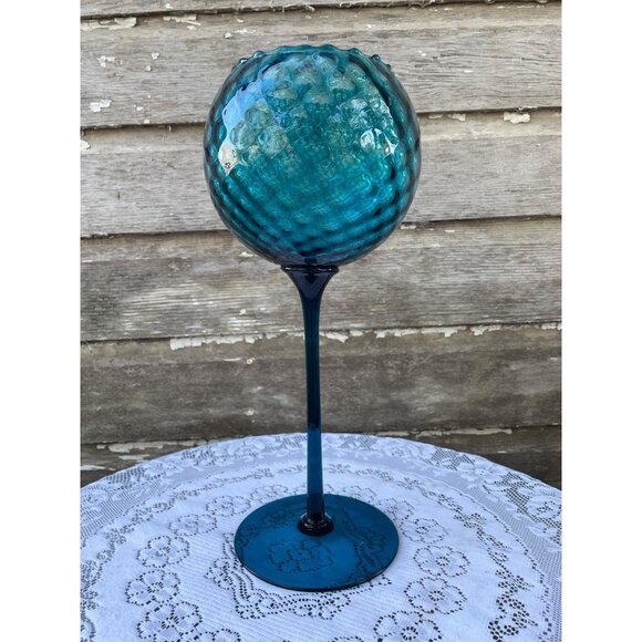 Vintage MCM Empoli Tall 14"  Turqoise Blue Glass Snifter Pedestal Vase Bowl - Picture 7 of 10